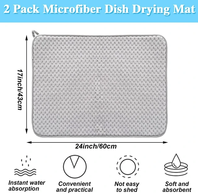 Alt view image 2 of 7 - 2 Pack Microfiber Dish Drying Mat,24*17 inch Absorbent Dish Drainer Kitchen Counter,Large Size Dish Drying Pad for Countertops,Sinks,Draining Racks(Gray)