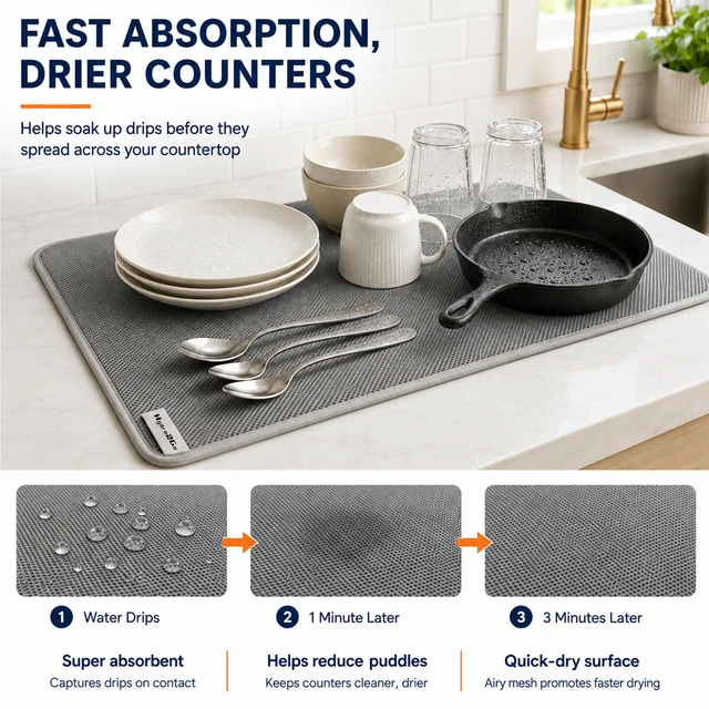 Alt view image 3 of 7 - Dish Drying Mat 24 x 17 in, Large Microfiber Drying Mats, Absorbent Quick Dry Pad for Kitchen Counter, Countertop Protector for Dishes, Pots & Pans, Machine Washable, Gray (1 PCS)