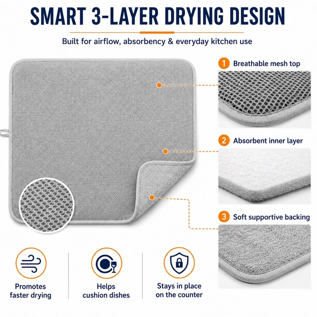 Alt view image 5 of 7 - Dish Drying Mat 24 x 17 in, Large Microfiber Drying Mats, Absorbent Quick Dry Pad for Kitchen Counter, Countertop Protector for Dishes, Pots & Pans, Machine Washable, Gray (1 PCS)