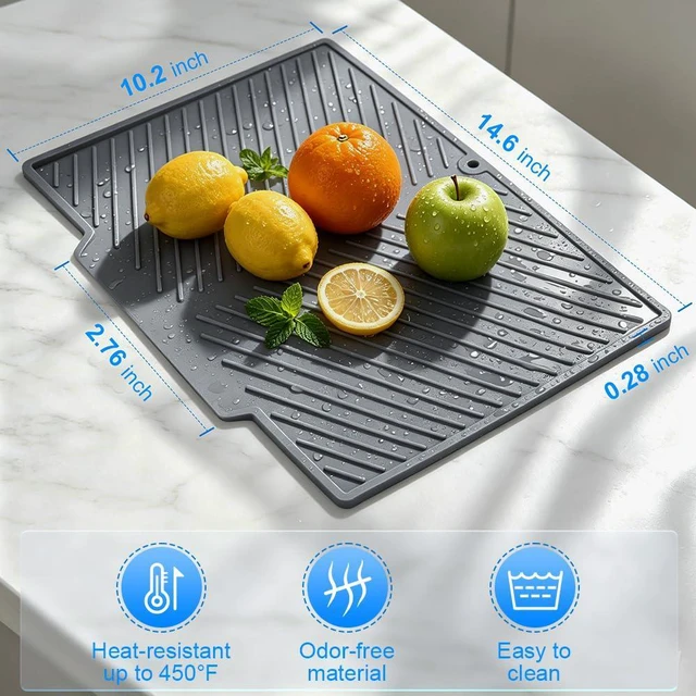 Alt view image 2 of 7 - Silicone Dish Drying Mat - Extra Thick Kitchen Drain Pad, Non-Slip | Heat-Resistant Countertop Protector with Built-In Drain, Quick-Dry Roll-Up Storage, Dishwasher Safe for Sink & Dish Rack