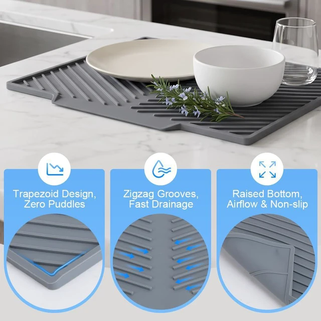 Alt view image 3 of 7 - Silicone Dish Drying Mat - Extra Thick Kitchen Drain Pad, Non-Slip | Heat-Resistant Countertop Protector with Built-In Drain, Quick-Dry Roll-Up Storage, Dishwasher Safe for Sink & Dish Rack