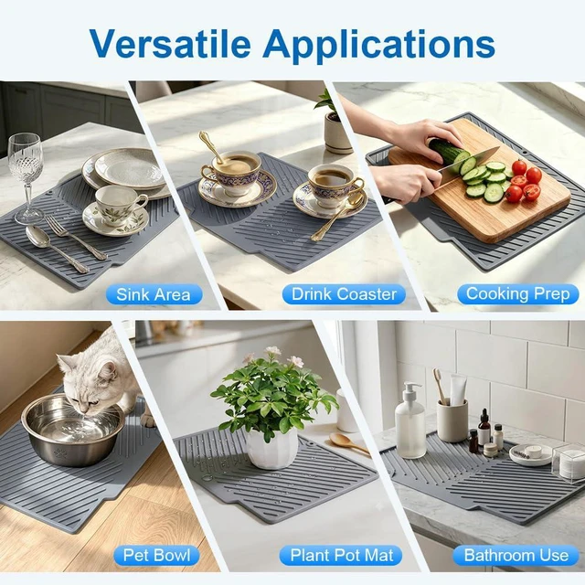 Alt view image 4 of 7 - Silicone Dish Drying Mat - Extra Thick Kitchen Drain Pad, Non-Slip | Heat-Resistant Countertop Protector with Built-In Drain, Quick-Dry Roll-Up Storage, Dishwasher Safe for Sink & Dish Rack