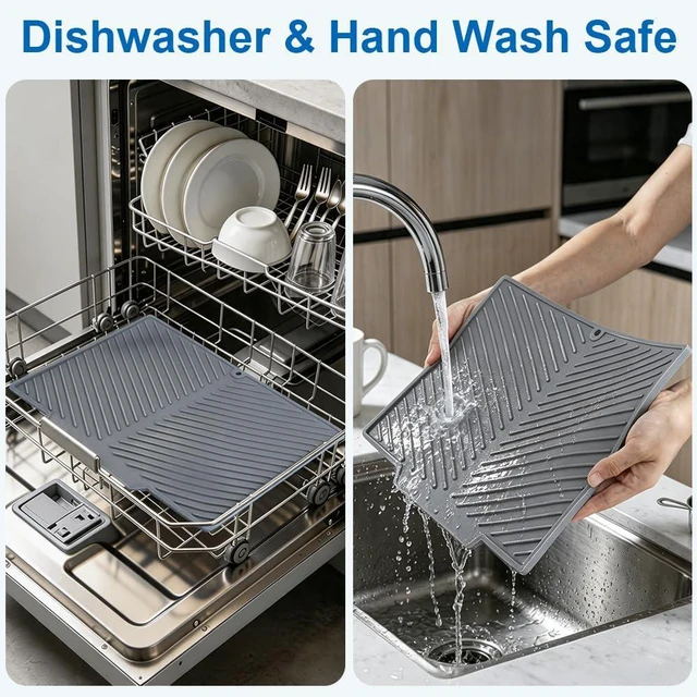 Alt view image 6 of 7 - Silicone Dish Drying Mat - Extra Thick Kitchen Drain Pad, Non-Slip | Heat-Resistant Countertop Protector with Built-In Drain, Quick-Dry Roll-Up Storage, Dishwasher Safe for Sink & Dish Rack