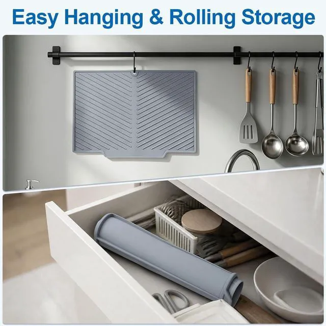 Alt view image 7 of 7 - Silicone Dish Drying Mat - Extra Thick Kitchen Drain Pad, Non-Slip | Heat-Resistant Countertop Protector with Built-In Drain, Quick-Dry Roll-Up Storage, Dishwasher Safe for Sink & Dish Rack