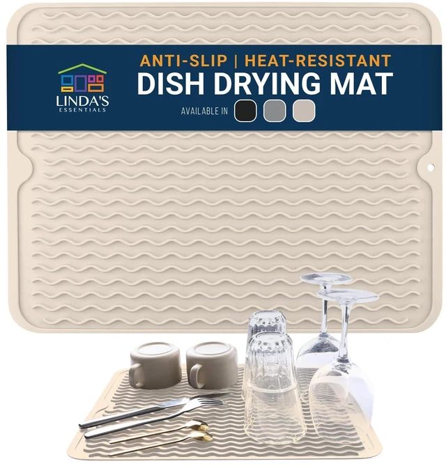 Main image of Silicone Dish Drying Mat for Kitchen Counter - Multi-Use 16 x 12 Inch Pad, Non-Slip & Heat-Resistant, Perfect Dish Drainer Mat by Lindas Essentials, Ideal Kitchen Accessory (Beige)