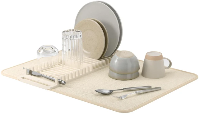 Main image of Udry Dish Drying Rack with Mat, Folds Flat for Storage, Linen | Protects countertop, BPA-free, recycled plastic construction