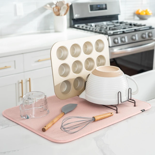 Alt view image 2 of 7 - Dish Drying Mat, 18" x 24", XL, Diamond Texture, Rose Pink | Absorbent Microfiber, Extra Large Kitchen Counter Mat for Dishes, Utensils, Pots and Pans, Machine Washable