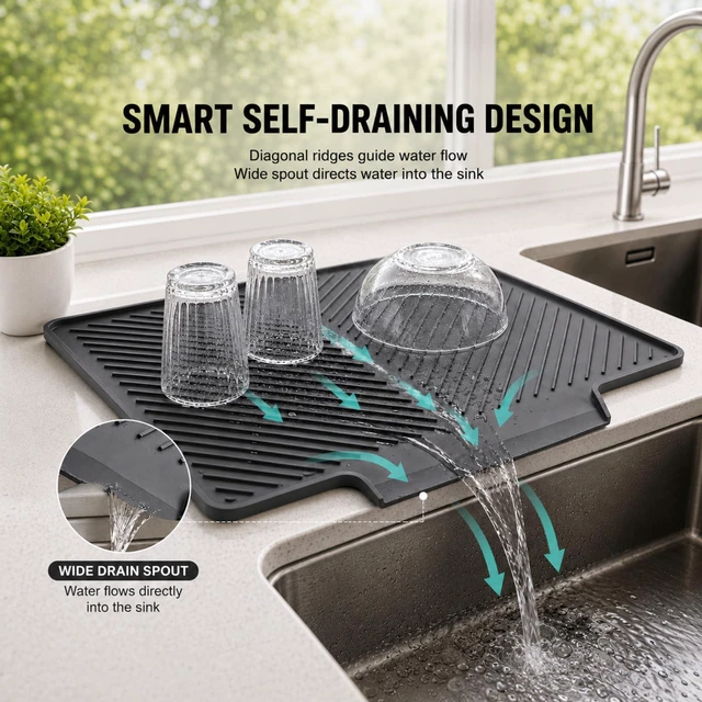 Alt view image 2 of 7 - Silicone Dish Drying Mat for Counter with Drain Lip, Dark Grey | 15.7 x 12.6 in silicone mat with raised ridges and drain lip for dishes, coffee makers, pet bowls, and compact counters.