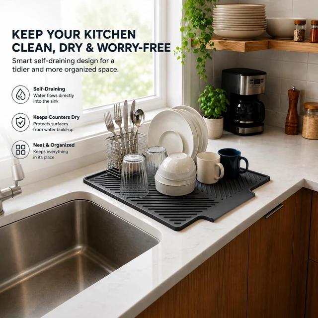 Alt view image 3 of 7 - Silicone Dish Drying Mat for Counter with Drain Lip, Dark Grey | 15.7 x 12.6 in silicone mat with raised ridges and drain lip for dishes, coffee makers, pet bowls, and compact counters.