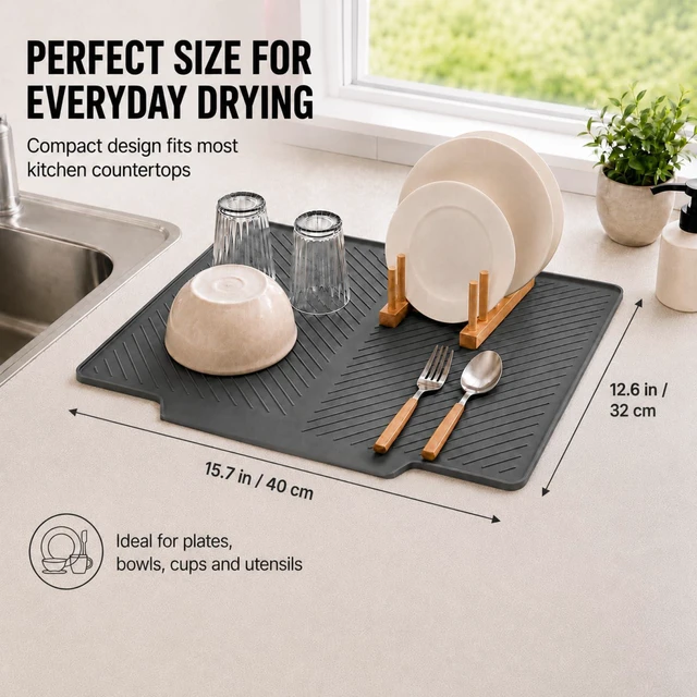 Alt view image 4 of 7 - Silicone Dish Drying Mat for Counter with Drain Lip, Dark Grey | 15.7 x 12.6 in silicone mat with raised ridges and drain lip for dishes, coffee makers, pet bowls, and compact counters.