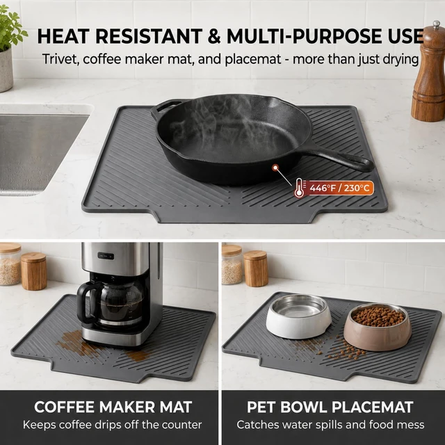 Alt view image 5 of 7 - Silicone Dish Drying Mat for Counter with Drain Lip, Dark Grey | 15.7 x 12.6 in silicone mat with raised ridges and drain lip for dishes, coffee makers, pet bowls, and compact counters.