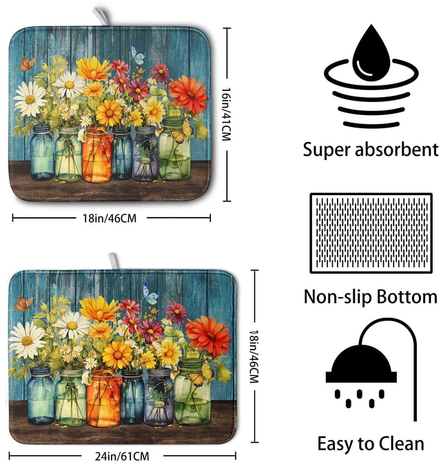 Alt view image 2 of 7 - Daisy Dish Drying Mat for Kitchen Counter 18x24 Inch Rustic Vintage Flower Vases Drying Mats Microfiber Absorbent Dishes Drainer Mats Farmhouse Floral Wooden Board Dish Rack Pad