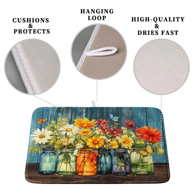 Alt view image 3 of 7 - Daisy Dish Drying Mat for Kitchen Counter 18x24 Inch Rustic Vintage Flower Vases Drying Mats Microfiber Absorbent Dishes Drainer Mats Farmhouse Floral Wooden Board Dish Rack Pad