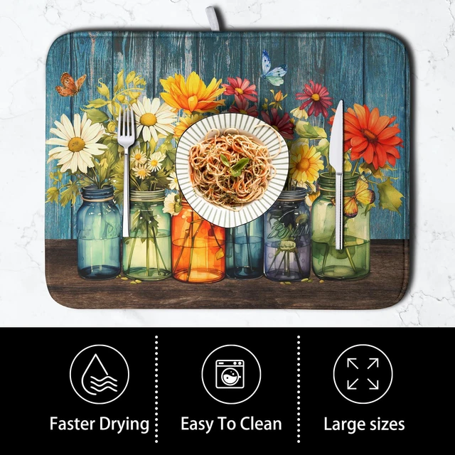 Alt view image 4 of 7 - Daisy Dish Drying Mat for Kitchen Counter 18x24 Inch Rustic Vintage Flower Vases Drying Mats Microfiber Absorbent Dishes Drainer Mats Farmhouse Floral Wooden Board Dish Rack Pad