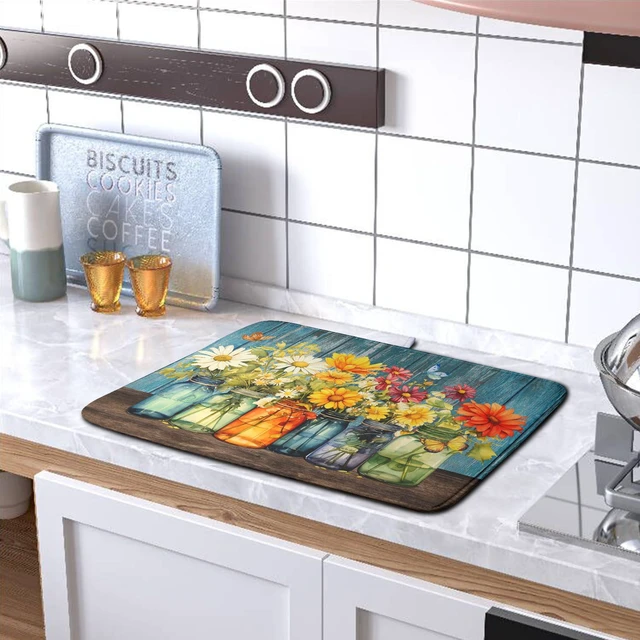Alt view image 5 of 7 - Daisy Dish Drying Mat for Kitchen Counter 18x24 Inch Rustic Vintage Flower Vases Drying Mats Microfiber Absorbent Dishes Drainer Mats Farmhouse Floral Wooden Board Dish Rack Pad