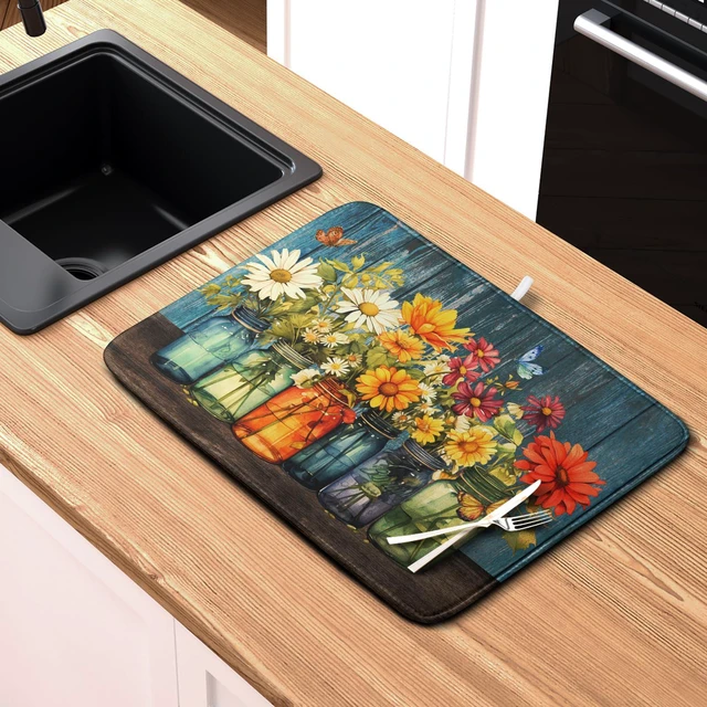 Alt view image 6 of 7 - Daisy Dish Drying Mat for Kitchen Counter 18x24 Inch Rustic Vintage Flower Vases Drying Mats Microfiber Absorbent Dishes Drainer Mats Farmhouse Floral Wooden Board Dish Rack Pad