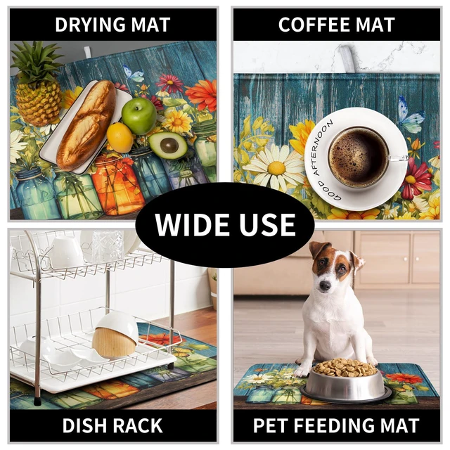 Alt view image 7 of 7 - Daisy Dish Drying Mat for Kitchen Counter 18x24 Inch Rustic Vintage Flower Vases Drying Mats Microfiber Absorbent Dishes Drainer Mats Farmhouse Floral Wooden Board Dish Rack Pad