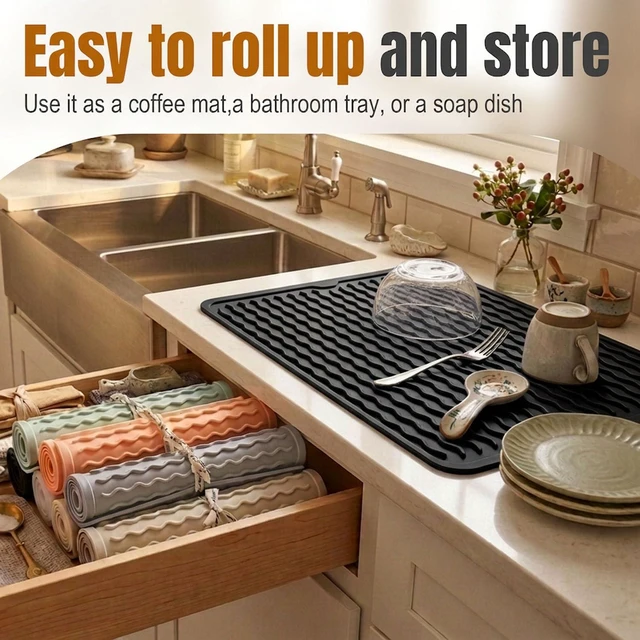 Alt view image 3 of 7 - 2 Pack Silicone Dish Drying Mat for Kitchen Counter Coffee Bar Apartment Accessories Escurridor de Platos para Fregadero Under Sink Organizer Pet Food Appliance Stone Rack Trays Drain Black