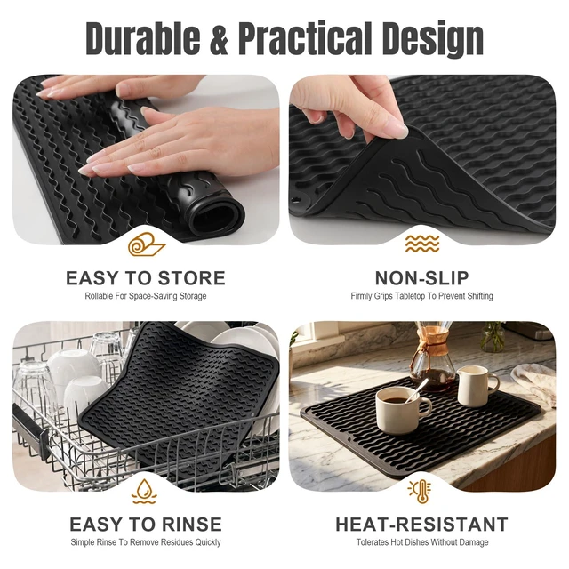 Alt view image 6 of 7 - 2 Pack Silicone Dish Drying Mat for Kitchen Counter Coffee Bar Apartment Accessories Escurridor de Platos para Fregadero Under Sink Organizer Pet Food Appliance Stone Rack Trays Drain Black