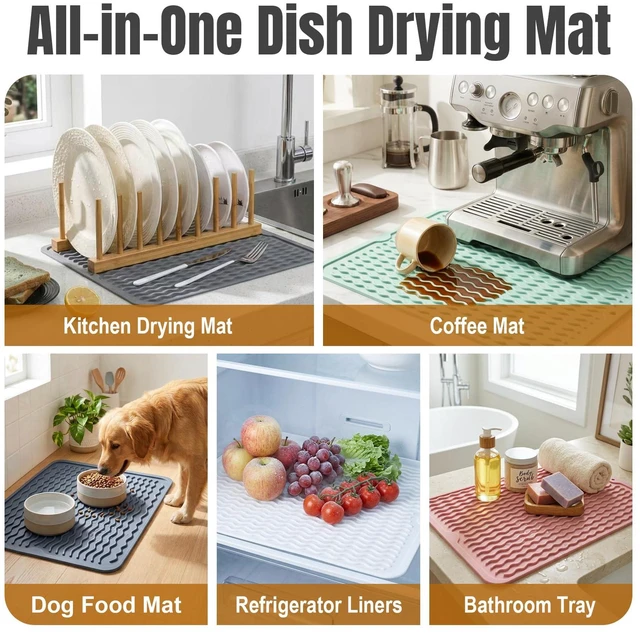 Alt view image 7 of 7 - 2 Pack Silicone Dish Drying Mat for Kitchen Counter Coffee Bar Apartment Accessories Escurridor de Platos para Fregadero Under Sink Organizer Pet Food Appliance Stone Rack Trays Drain Black