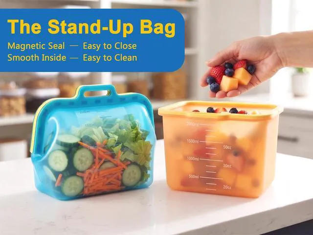 Alt view image 3 of 7 - Reusable Silicone Food Storage Bags, No Harsh Smells, 6-Cup / 50 oz Stand-Up Pouch with Auto-Closing Magnetic Seal, for Lunch, Fruit, Meal Prep, School & Office, Dishwasher & Freezer Safe (1 Pack)