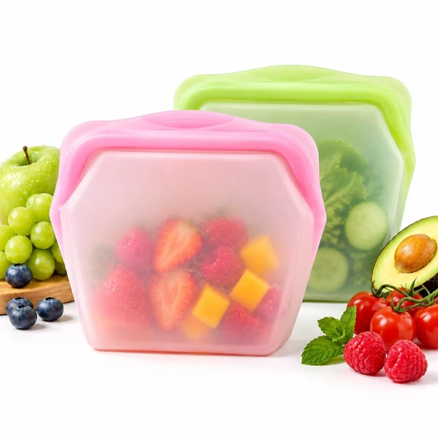 Main image of 2PCS Everbag Silicone Reusable Food Storage Bag,1000ml Stand-Up Freezer | 2pack 1000ml reusable silicone bags in mixed colors for fruit, snacks, lunch, meal prep, fridge and freezer storage.
