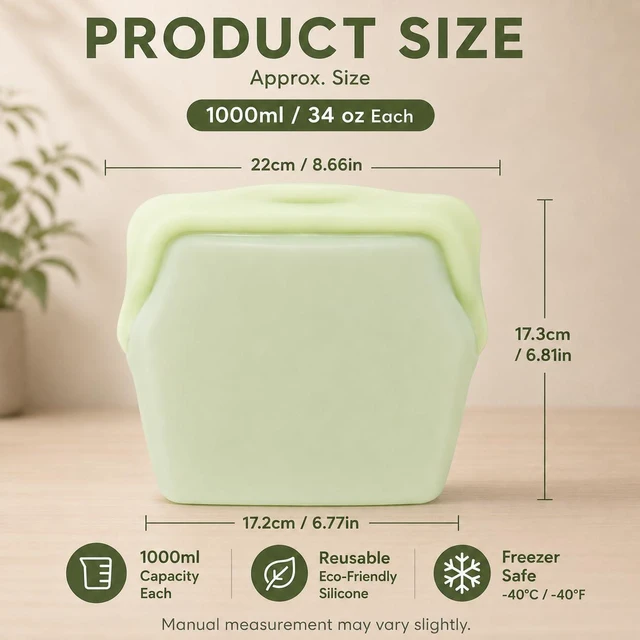 Alt view image 2 of 7 - 2PCS Everbag Silicone Reusable Food Storage Bag,1000ml Stand-Up Freezer | 2pack 1000ml reusable silicone bags in mixed colors for fruit, snacks, lunch, meal prep, fridge and freezer storage.