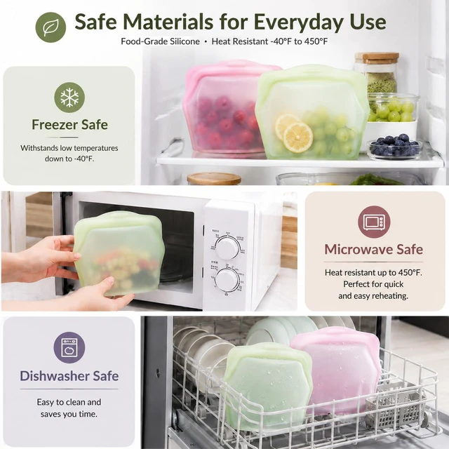 Alt view image 3 of 7 - 2PCS Everbag Silicone Reusable Food Storage Bag,1000ml Stand-Up Freezer | 2pack 1000ml reusable silicone bags in mixed colors for fruit, snacks, lunch, meal prep, fridge and freezer storage.