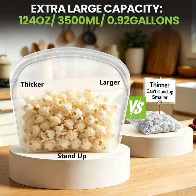 Alt view image 3 of 7 - Reusable Silicone Food Storage Bag Extra Large 124oz Freezer Containers | Stand Up Sandwich Bags Leakproof for Oven, Microwave, Sous Vide for Meal Prep BBQ Camping Picnic Organization - 0.92 Gallons