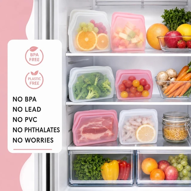 Alt view image 4 of 7 - 2pcs Silicone Storage, Silicone Food Storage Bags, Reusable Silicone Storage Bags, Leak-Proof Upright Freezer Bags, Odor-Resistant, High-Temperature Resistant (Green+Purple)
