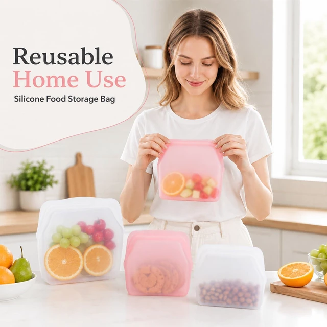 Alt view image 3 of 7 - 2pcs Silicone Storage, Silicone Food Storage Bags, Reusable Silicone Storage Bags, Leak-Proof Upright Freezer Bags, Odor-Resistant, High-Temperature Resistant (Green+Purple)