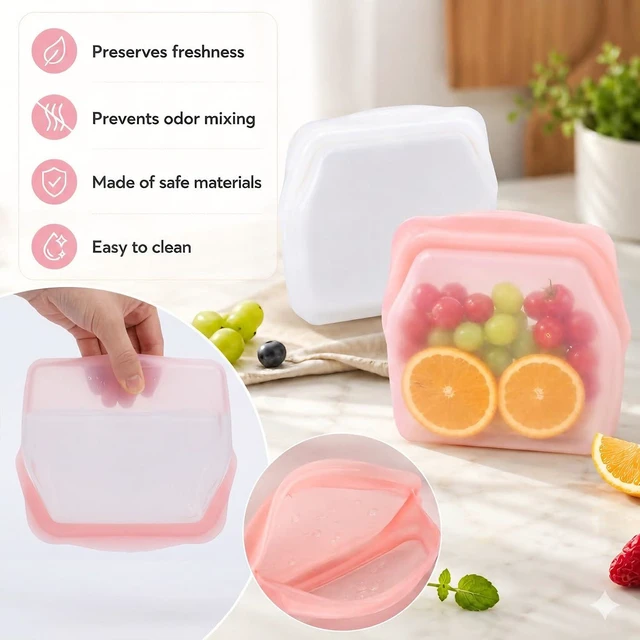 Alt view image 5 of 7 - 2pcs Silicone Storage, Silicone Food Storage Bags, Reusable Silicone Storage Bags, Leak-Proof Upright Freezer Bags, Odor-Resistant, High-Temperature Resistant (Green+Purple)