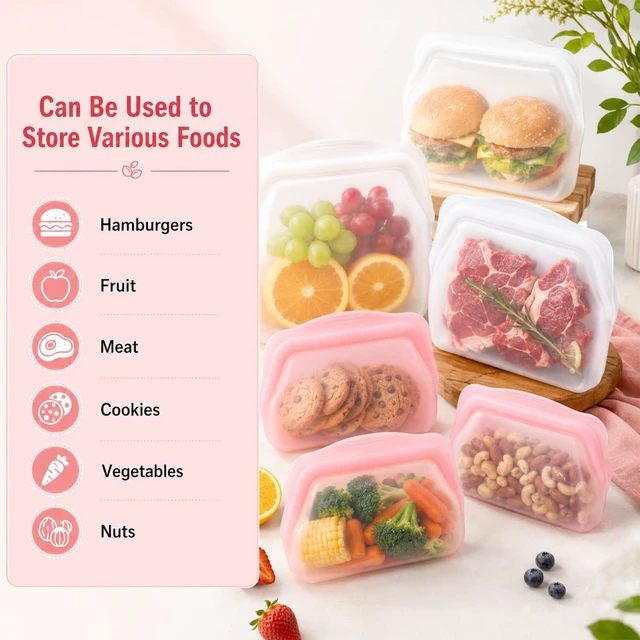 Alt view image 6 of 7 - 2pcs Silicone Storage, Silicone Food Storage Bags, Reusable Silicone Storage Bags, Leak-Proof Upright Freezer Bags, Odor-Resistant, High-Temperature Resistant (Green+Purple)