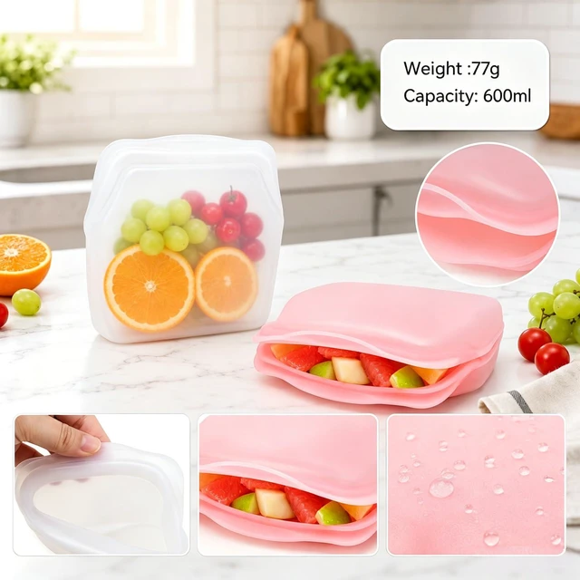Alt view image 7 of 7 - 2pcs Silicone Storage, Silicone Food Storage Bags, Reusable Silicone Storage Bags, Leak-Proof Upright Freezer Bags, Odor-Resistant, High-Temperature Resistant (Green+Purple)