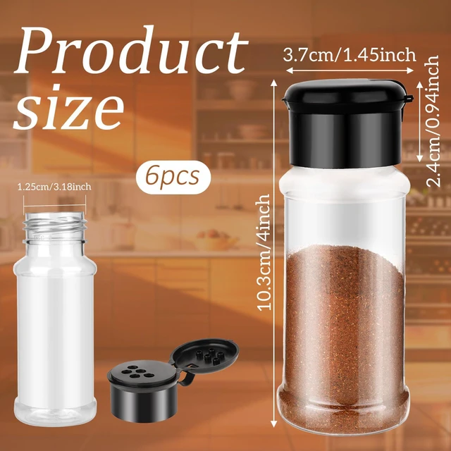 Alt view image 2 of 7 - 6 Pcs Plastic Spice Jars with Shaker Lids, 3 oz (Black Lid) | Clear Seasoning Containers, for Spice Rack, Drawer, Cabinet Storage