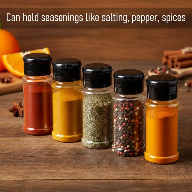 Alt view image 6 of 7 - 6 Pcs Plastic Spice Jars with Shaker Lids, 3 oz (Black Lid) | Clear Seasoning Containers, for Spice Rack, Drawer, Cabinet Storage