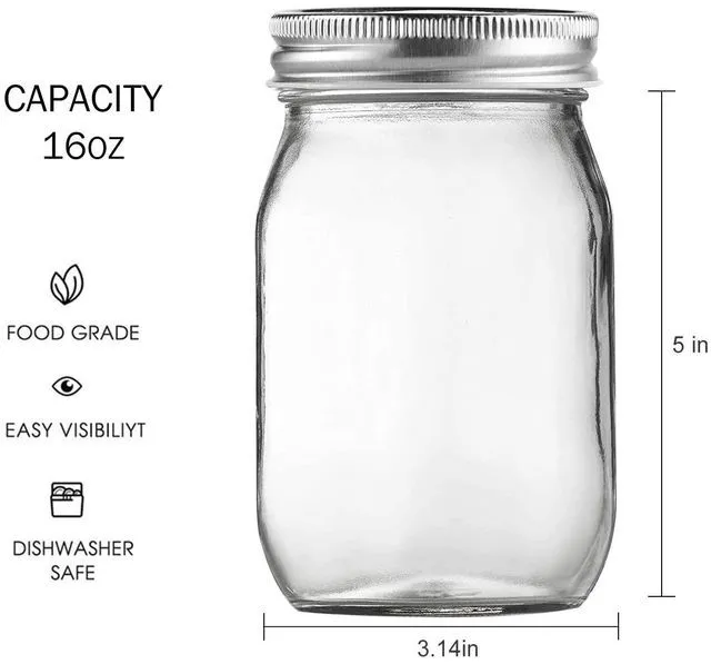Alt view image 2 of 7 - Glass Mason Jars, 16oz Regular Mouth Canning Jar with Airtight Lids, 4 Pack | Small Sealing Containers, Glass Jars, Durable Clear Glass Material, for Food Storage, Overnight Oats, Meal Prep, Candy