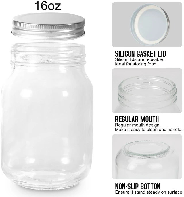 Alt view image 7 of 7 - Glass Mason Jars, 16oz Regular Mouth Canning Jar with Airtight Lids, 4 Pack | Small Sealing Containers, Glass Jars, Durable Clear Glass Material, for Food Storage, Overnight Oats, Meal Prep, Candy