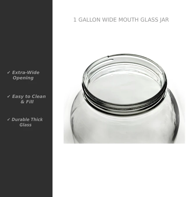 Alt view image 4 of 5 - 1 Gallon Glass Jar, Black Plastic Lid | Wide Mouth, USDA Certified, BPA-Free, For Fermenting, Storing, Canning