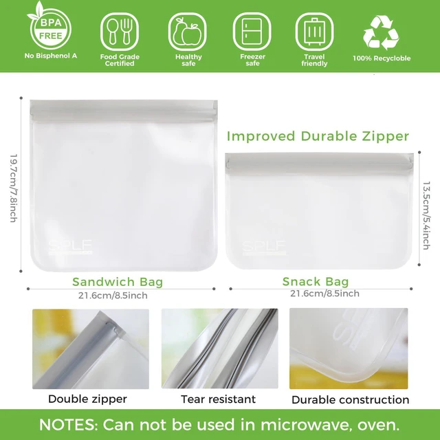 Alt view image 3 of 7 - 10 Pack Reusable Sandwich Bags Dishwasher Safe, Gray | Reusable Quart Freezer Bags, Extra Thick Leakproof Food Storage Bags Silicone Free for Marinate Meats, Cereal, Lunch, Travel