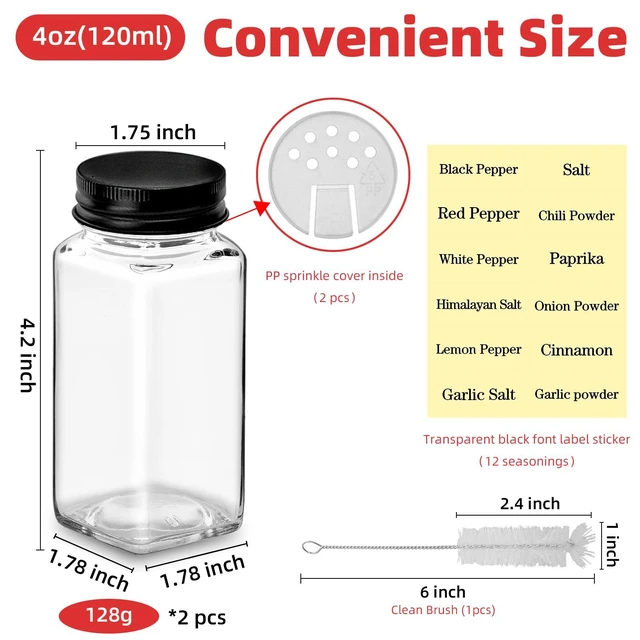 Alt view image 2 of 6 - 2Pcs 4oz Square Glass Spice Jars with Label, Empty Containers with black iron Lids , Square Seasoning Containers Trial and Supplement Set, Small Seasoning Bottles for Salt, Herbs, Sugar, Pepper (2)