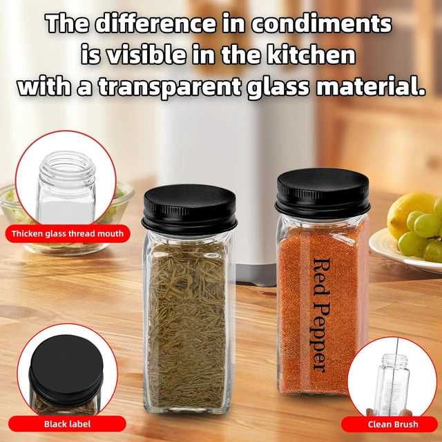 Alt view image 3 of 6 - 2Pcs 4oz Square Glass Spice Jars with Label, Empty Containers with black iron Lids , Square Seasoning Containers Trial and Supplement Set, Small Seasoning Bottles for Salt, Herbs, Sugar, Pepper (2)