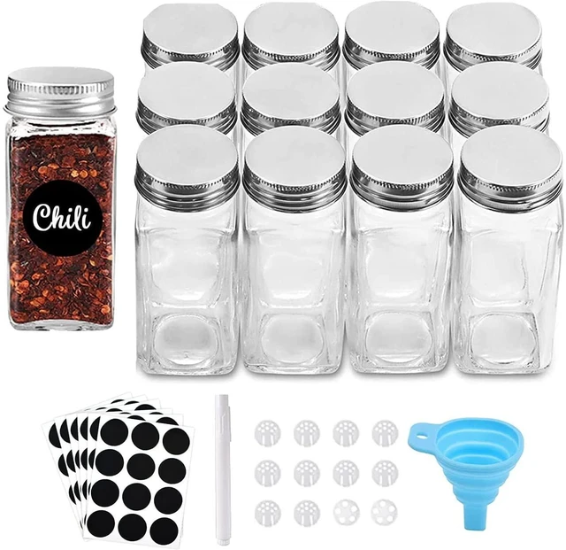 Main image of 12 Pcs Glass Spice Jars/Bottles - 4oz Empty Square Spice Containers with Spice Labels and Airtight Metal Caps with Shaker Lids