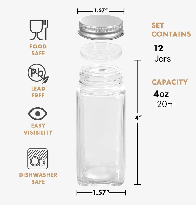 Alt view image 2 of 7 - 12 Pcs Glass Spice Jars/Bottles - 4oz Empty Square Spice Containers with Spice Labels and Airtight Metal Caps with Shaker Lids