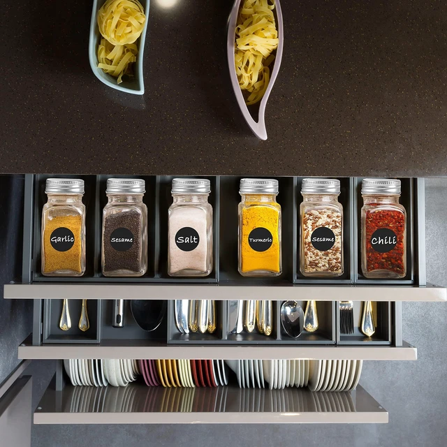 Alt view image 5 of 7 - 12 Pcs Glass Spice Jars/Bottles - 4oz Empty Square Spice Containers with Spice Labels and Airtight Metal Caps with Shaker Lids