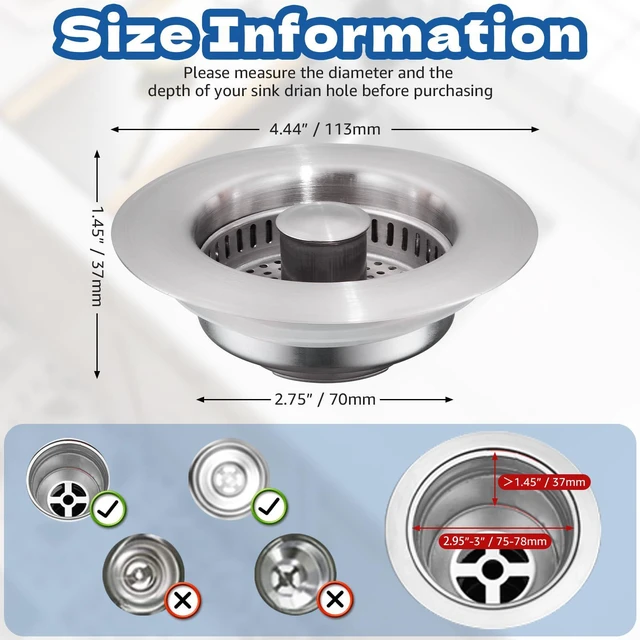 Alt view image 2 of 6 - 4 in 1 Kitchen Sink Drain Strainer Stopper | Pollock SUS304 Stainless Steel Pop-up Kitchen Sink Stopper with Strainer Basket, Anti-Clogging Kitchen Sink Plug