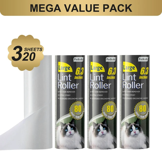 Alt view image 2 of 6 - Large Lint Rollers Pet Hair Extra Sticky Refills,Mega Value Set 6.3 inches Wider with 320 Sheets for Cat and Dog Hair Removal,80 Sheets Per Roller