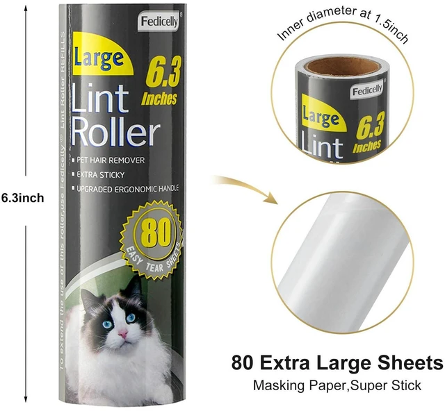 Alt view image 3 of 6 - Large Lint Rollers Pet Hair Extra Sticky Refills,Mega Value Set 6.3 inches Wider with 320 Sheets for Cat and Dog Hair Removal,80 Sheets Per Roller