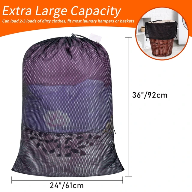 Alt view image 3 of 7 - Heavy Duty Diamond Mesh Laundry Bag, 24x36", Black | Extra Large Laundry Hamper Bag, Holds 2-3 Loads, Tear Resistant Mesh, Breathable Design, Drawstring Closure