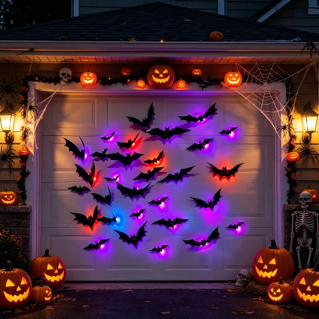 Alt view image 2 of 7 - 36 Pack Halloween Bats Wall Decor Halloween Decorations Indoor | Light Up Flashing Modes, Assorted Size, 3D Bat Stickers, for Bedroom Party Walls Bathroom Mirrors Garages Door